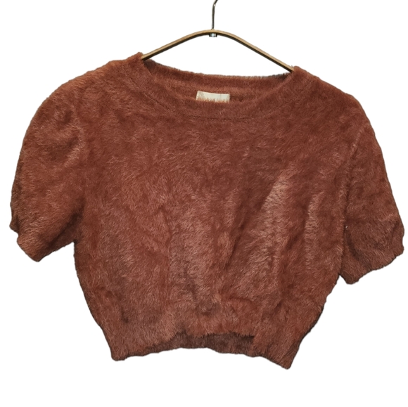 Altar'd State Fuzzy Eyelash Cropped Top Crew Neck Rust Soft Cozy Fall Textured M - Picture 1 of 4